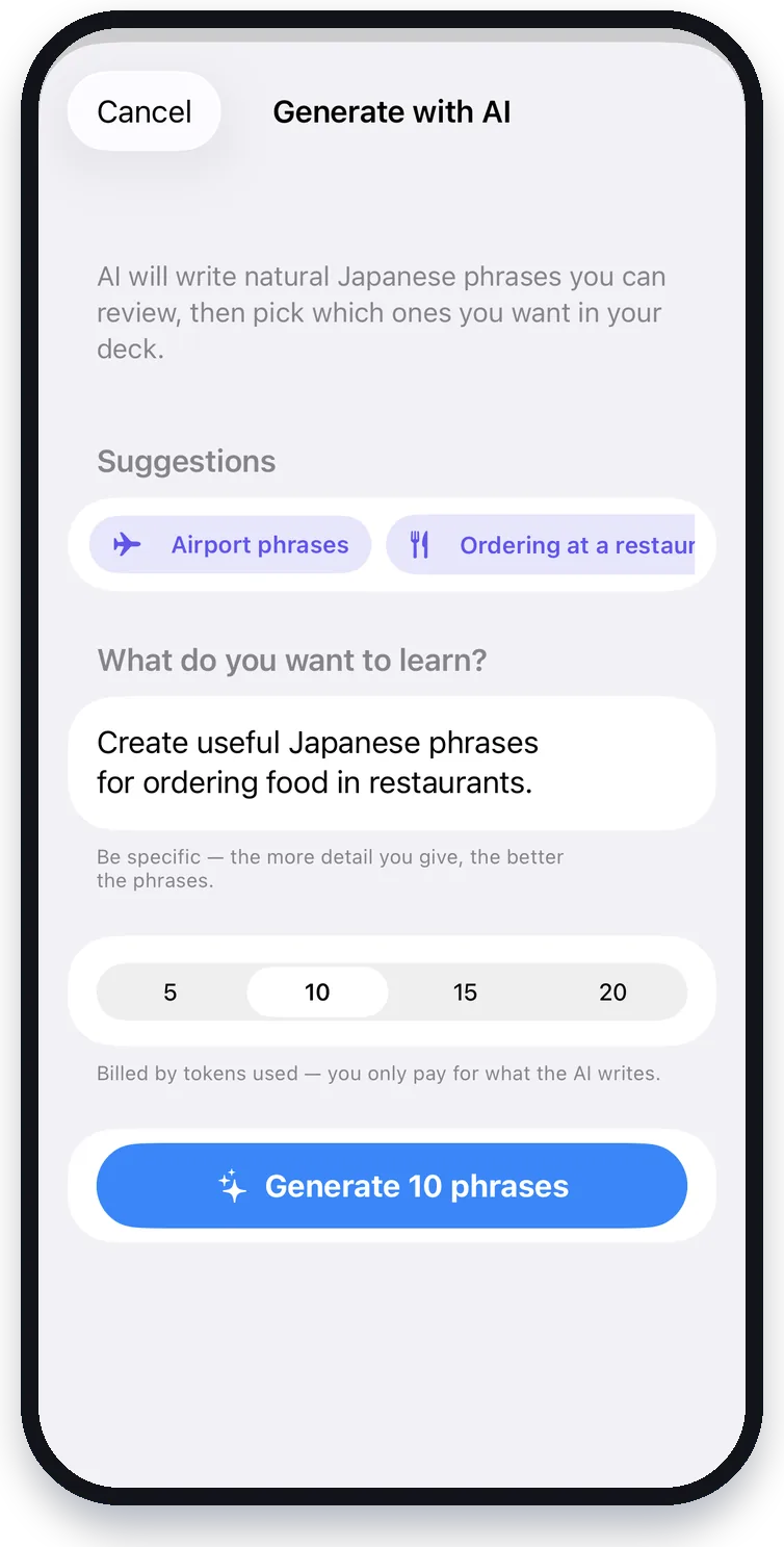 Generating flashcards with AI from a single prompt in Linguei