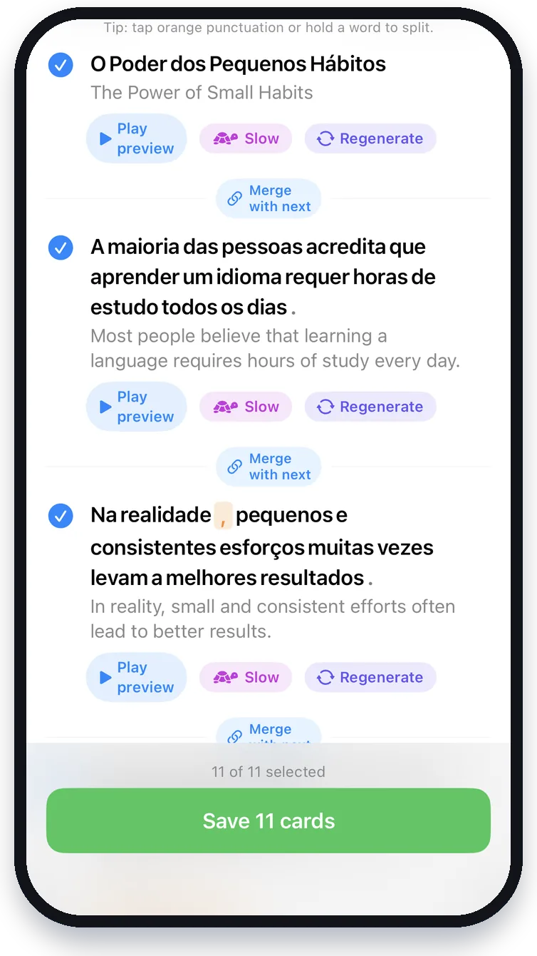 Linguei app showing phrases selected from a book page, ready to become flashcards