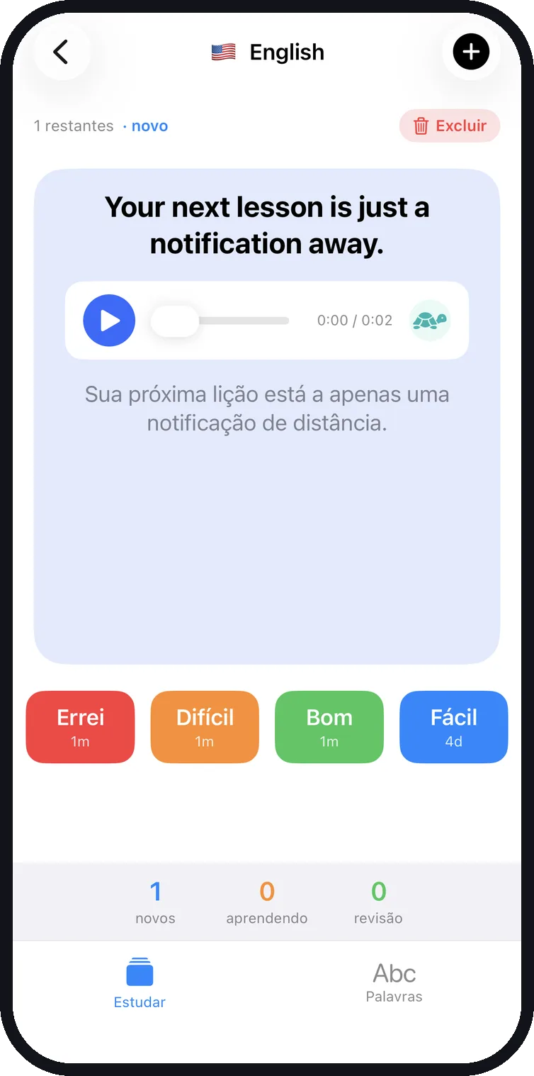 A revealed Linguei flashcard with audio player and rating buttons