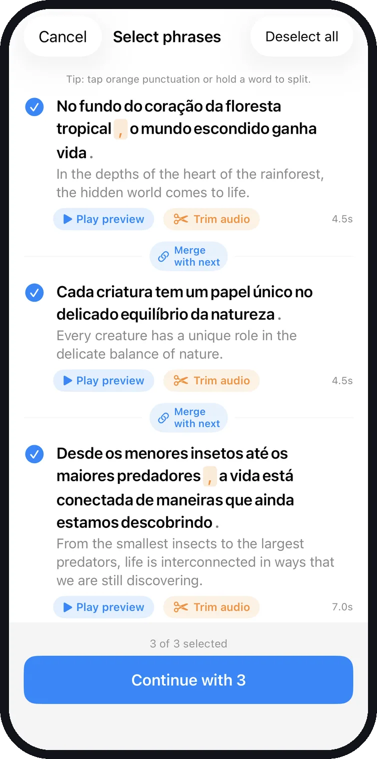Phrases created from a shared video in Linguei, with original audio and trim controls